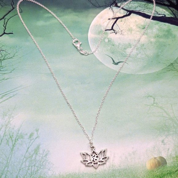 Dainty Buddhist Om Lotus Flower Silver Necklace - Picture 3 of 3